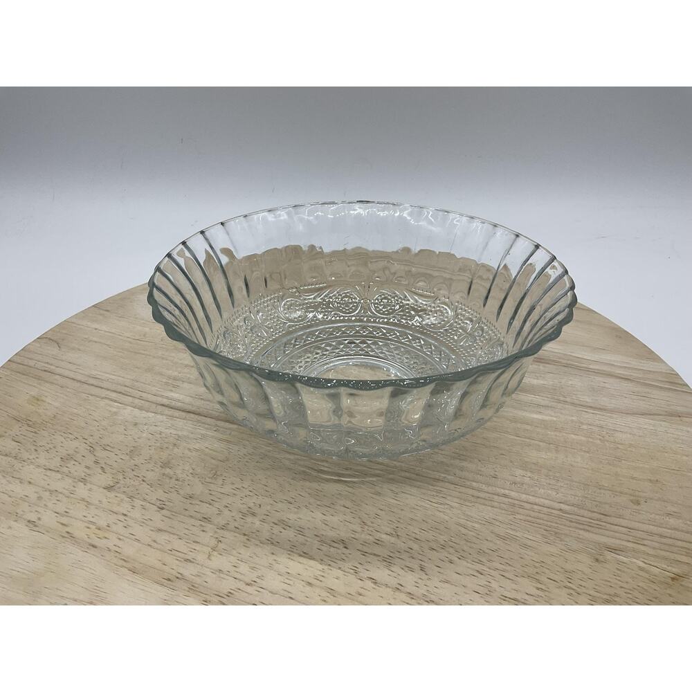 Clear Glass Serving Bowl Round Geometric Pressed Pattern Kitchen Decor Tabletop
